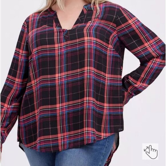Torrid Size 3 Plaid Georgette Hi-Low Pullover Long Sleeve Blouse - Picture 2 of 8